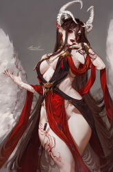 Rule 34 | 1girl, aleriia v, arm tattoo, black hair, breasts, breasts apart, dress, earrings, feathered wings, grey background, hair between eyes, highres, horns, jewelry, large breasts, leg tattoo, long hair, looking at viewer, low wings, multiple horns, no panties, original, pelvic curtain, pointy ears, red eyes, red lips, revealing clothes, signature, solo, tattoo, watermark, web address, wings