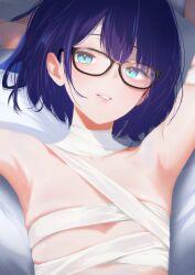 1girl a-chan_(hololive) armpits arms_up bandages black-framed_eyewear blue_eyes blue_hair cohi27151463 commentary english_commentary flat_chest glasses halloween_costume hololive light_smile looking_at_viewer lying mummy_costume naked_bandage on_back pink_lips short_hair skindentation solo upper_body virtual_youtuber