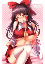 Rule 34 | 1girl, ascot, black eyes, black hair, blush, bow, breasts, character name, clothes pull, condom, condom in mouth, crop top, detached sleeves, english text, hair bow, hair tubes, hakurei reimu, heart, heart-shaped pupils, koissa, large breasts, looking at viewer, mouth hold, no bra, polka dot, polka dot background, red bow, red ribbon, red skirt, ribbon, ribbon-trimmed sleeves, ribbon trim, shirt pull, sitting, skirt, solo, symbol-shaped pupils, thighhighs, touhou, underboob, white thighhighs, wide sleeves