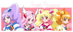 Rule 34 | 4girls, :d, aono miki, artist logo, blonde hair, blue choker, choker, commentary request, copyright name, cure berry, cure passion, cure peach, cure pine, dress, drill hair, drill ponytail, earrings, eyelashes, fresh precure!, hair ornament, hairband, happy, heart, heart hair ornament, higashi setsuna, high ponytail, high side ponytail, jewelry, kamikita futago, long hair, looking at viewer, magical girl, momozono love, multiple girls, open mouth, orange choker, orange eyes, orange hair, pink choker, pink eyes, pink hair, ponytail, precure, puffy short sleeves, puffy sleeves, purple eyes, purple hair, red eyes, short hair, short sleeves, side ponytail, signature, smile, twintails, white choker, wing hair ornament, yamabuki inori