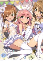Rule 34 | 3girls, absurdres, aisaka taiga, anklet, blush, bow, brown eyes, brown hair, closed mouth, collarbone, dress, flower, footwear bow, hair flower, hair ornament, high heels, highres, jewelry, long hair, looking at viewer, louise francoise le blanc de la valliere, misaka mikoto, multiple girls, off-shoulder dress, off shoulder, one eye closed, ootomo takuji, open mouth, pink hair, purple eyes, scan, shoes, smile, thighhighs, toaru majutsu no index, toradora!, wedding dress, white dress, white footwear, white legwear, zero no tsukaima