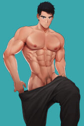 Rule 34 | 1boy, abs, absurdres, aqua background, bara, black hair, black pants, closed mouth, clothes pull, highres, large pectorals, male focus, male pubic hair, muscular, muscular male, naoki (xhju8282), navel, nipples, no male underwear, original, pants, pants pull, pectorals, penis, penis peek, pubic hair, short hair, simple background, solo, topless male