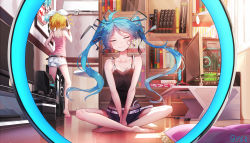 Rule 34 | 2girls, alternate costume, antenna hair, ass, bare arms, bare legs, bare shoulders, barefoot, belt, black shorts, bladeless fan, blonde hair, blue hair, blush, book, bookshelf, camisole, casual, closed mouth, collarbone, cushion, facing viewer, fringe trim, full body, graphics card, hair ornament, hand fan, hatsune miku, highres, holding, holding phone, indian style, indoors, kagamine rin, lightning bolt symbol, long hair, monitor, mouse (computer), multiple girls, phone, poster (object), qys3, short hair, shorts, signature, sitting, sleeveless, smile, spaghetti strap, speaker, table, talking on phone, television, twintails, very long hair, graphics card, vocaloid, white shorts, wooden floor