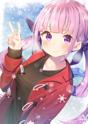 Rule 34 | 1girl, absurdres, black sweater, blue hair, blush, braid, breasts, collarbone, colored inner hair, commentary request, hair ribbon, highres, hololive, jacket, long hair, long sleeves, looking at viewer, minato aqua, multicolored hair, nari (narikashi), purple eyes, purple hair, red jacket, ribbon, smile, snowflakes, solo, sweater, twintails, two-tone hair, upper body, virtual youtuber