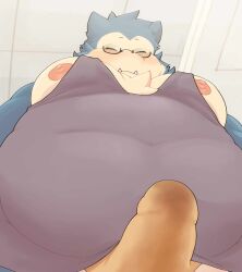 Rule 34 | 1boy, bara, bespectacled, big belly, blush, bulge, closed eyes, closed mouth, covered navel, creatures (company), erection, erection under clothes, fat, fat man, foreshortening, from below, furrification, furry, furry male, game freak, gen 1 pokemon, glasses, grey tank top, highres, large pectorals, looking at viewer, looking down, male focus, male underwear, meme, muscular, muscular male, nintendo, nipple slip, nipples, pectorals, photo-referenced, pokemon, short hair, sidepec, snorlax, solo, tank top, thick eyebrows, tusks, underwear, upper body, wet, wet clothes, wet male underwear, yur oc like this (meme), zarapow (dragon night800)