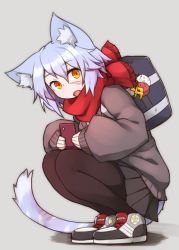 Rule 34 | 1girl, animal ears, bag, black pantyhose, blue hair, blush, cat ears, cat tail, cellphone, fang, grey background, highres, looking at viewer, open mouth, orange eyes, original, pantyhose, phone, red scarf, ryota tentei, scar, scarf, short hair, simple background, skirt, smartphone, solo, tail, tora tentei