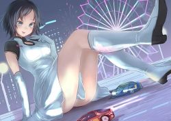 Rule 34 | 1girl, arm support, black hair, blush, boots, breasts, building, car, dress, ferris wheel, fireworks, giant, giantess, green eyes, knee boots, lamppost, medium breasts, motor vehicle, nagase reiko, night, parted bangs, parted lips, race vehicle, racecar, racing, ridge racer, short dress, short hair, short sleeves, sitting, smile, solo, utopia, white dress, white footwear