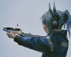 Rule 34 | 1girl, arknights, blue jacket, chinese commentary, deatiose, dragon horns, firing, grey background, grey hair, gun, handgun, headphones, holding, holding gun, holding weapon, horns, jacket, liskarm (arknights), long hair, ponytail, shell casing, solo, upper body, weapon
