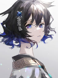Rule 34 | 1girl, ahoge, arknights, black hair, blue eyes, blue hair, blue lips, expressionless, from side, gradient background, gradient hair, grey background, hair ornament, highres, kjera (arknights), looking at viewer, looking to the side, multicolored hair, parted lips, portrait, qianzhu, short hair, solo