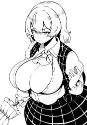 Rule 34 | 1girl, absurdres, ascot, breasts, cleavage, closed mouth, high contrast, highres, himajin noizu, holding, holding umbrella, huge breasts, kazami yuuka, long sleeves, looking at viewer, plaid, plaid skirt, plaid vest, shaded face, short hair, simple background, skirt, solo, touhou, umbrella, vest