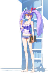Rule 34 | 1girl, alternate hairstyle, barefoot, blunt bangs, book, breasts, camisole, cleavage, crescent, crescent hair ornament, crescent moon, feet, female focus, food, hair ornament, hakui ami, holding, holding book, large breasts, long hair, long legs, moon, patchouli knowledge, popsicle, purple eyes, purple hair, short shorts, shorts, solo, standing, striped, touhou, twintails