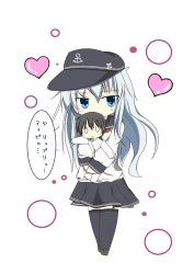 Rule 34 | 10s, 1boy, 1girl, admiral (kancolle), anchor symbol, blue eyes, character doll, chibi, commentary request, flat cap, hat, heart, hibiki (kancolle), highres, holding, kantai collection, long hair, military, military uniform, naval uniform, school uniform, serafuku, silver hair, simple background, skirt, thighhighs, translation request, uniform, white background, yuu (alsiel)