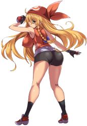 Rule 34 | 1girl, alternate color, bandana, blonde hair, braid, breasts, creatures (company), full body, game freak, highres, impossible clothes, impossible shirt, large breasts, long hair, may (pokemon), nintendo, pokemon, pokemon (anime), pokemon rse, shirt, shorts, shy, sideboob, skirt, solo, tight clothes, tight shirt, transparent background, white skirt
