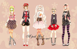 Rule 34 | 5girls, argyle, argyle clothes, argyle legwear, bow, bracelet, checkered clothes, checkered legwear, corset, cross-laced footwear, crossed legs, fashion, female focus, flag print, glasses, gumi, hair bow, hair ornament, hairclip, hand on own hip, hat, hatsune miku, hip focus, jewelry, kagamine rin, lapel pin, lineup, megurine luka, meiko (vocaloid), multiple girls, necklace, one eye closed, orange legwear, pantyhose, patterned legwear, pigeon-toed, polka dot, print legwear, purple legwear, ragi (pluie), red footwear, red legwear, shoes, shorts, sitting, skirt, sneakers, socks, standing, star (symbol), star print, striped clothes, striped legwear, striped pantyhose, suspenders, twintails, vocaloid, white legwear, wink
