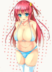 Rule 34 | 1girl, bikini, blue eyes, blush, breasts, female focus, hair bobbles, hair ornament, huge breasts, long hair, navel, open mouth, original, panties, red hair, short ponytail, side ponytail, solo, standing, striped clothes, striped panties, swimsuit, thighhighs, underwear, white thighhighs, yahiro (anhnw)