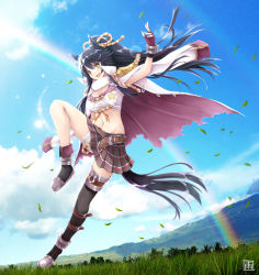 Rule 34 | 1girl, :d, amane sou, animal ears, arm up, artist logo, asymmetrical footwear, bandaged leg, bandages, bandaid, bandaid on face, bandaid on nose, black footwear, black hair, black skirt, blue sky, blush, boots, breasts, cleavage, cloud, coat, coat on shoulders, commentary, crop top, day, ear ornament, fang, field, fingerless gloves, floating hair, full body, gloves, grass, groin, hair between eyes, highres, horse ears, horse girl, horse tail, horseshoe ornament, large breasts, lens flare, long hair, looking at viewer, midriff, miniskirt, mountainous horizon, narita brian (umamusume), navel, open mouth, outdoors, plaid, plaid skirt, pleated skirt, ponytail, purple gloves, rainbow, rope, sarashi, shimenawa, shirt, sidelocks, single thigh boot, skirt, sky, smile, solo, standing, standing on one leg, star (symbol), star print, tail, thigh boots, thighhighs, torn clothes, torn coat, umamusume, underbust, white coat, white shirt, yellow eyes, zettai ryouiki
