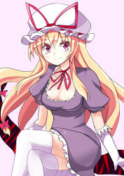 Rule 34 | 1girl, arms at sides, blonde hair, blush, breasts, choker, cleavage, closed mouth, commentary request, cowboy shot, crossed legs, dress, elbow gloves, frilled dress, frilled skirt, frills, gloves, hair between eyes, hat, hat ribbon, hip focus, keyaki chimaki, long hair, medium breasts, mob cap, one-hour drawing challenge, puffy short sleeves, puffy sleeves, purple background, purple eyes, red ribbon, ribbon, ribbon choker, short sleeves, simple background, sitting, skirt, smile, solo, touhou, very long hair, white gloves, yakumo yukari
