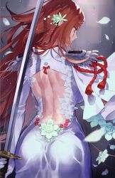 Rule 34 | 1girl, ass, baiken, brown eyes, closed mouth, dress, elbow gloves, epaulettes, falling petals, flower, from behind, gloves, guilty gear, hair flower, hair ornament, highres, holding, holding sword, holding weapon, jako (toyprn), katana, petals, red hair, solo, sword, weapon, white dress, white flower, white gloves