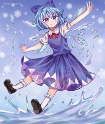 Rule 34 | 1girl, ariichurro, arms up, artist name, black footwear, blue bow, blue dress, blue eyes, blue hair, blue sky, bow, bowtie, cirno, closed mouth, collar, collared shirt, dress, flying, hair between eyes, hands up, highres, ice, ice wings, looking to the side, puffy short sleeves, puffy sleeves, red bow, red bowtie, shirt, shoes, short hair, short sleeves, sky, smile, snowflakes, socks, solo, touhou, water, white shirt, white socks, wings