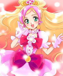 Rule 34 | 1girl, :d, aqua eyes, bad id, bad pixiv id, blonde hair, blush, bow, choker, cure flora, gloves, go! princess precure, gradient hair, haruno haruka, highres, long hair, looking at viewer, magical girl, md5 mismatch, multicolored hair, open mouth, pana (1122), pink bow, pink hair, precure, smile, solo, two-tone hair, waist bow, white gloves