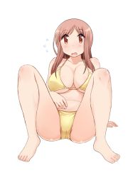 Rule 34 | 1girl, aikawa chiho, arm support, barefoot, bikini, breasts, brown eyes, brown hair, cleavage, collarbone, commentary request, covered erect nipples, crotch, feet, flying sweatdrops, katatsuka kouji, large breasts, long hair, looking at viewer, m legs, open mouth, parted bangs, sidelocks, simple background, solo, spread legs, swimsuit, toes, underboob, white background, yellow bikini, yuyushiki