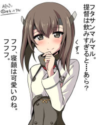 Rule 34 | 10s, 1girl, blush, brown eyes, brown hair, flat chest, hair between eyes, hand on own chin, headband, headgear, kantai collection, kayama kenji, long sleeves, looking at viewer, short hair, simple background, smile, solo, stroking own chin, taihou (kancolle), translation request, twitter username, upper body, white background