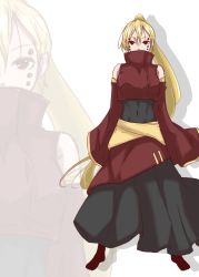 Rule 34 | 1girl, absurdres, adapted costume, afterimage, blonde hair, breasts, commentary request, crop top, detached sleeves, eyebrows, eyes visible through hair, full body, hair between eyes, highres, kurodani yamame, large breasts, layered skirt, lian gui, long hair, long skirt, looking at viewer, navel, ponytail, red eyes, red legwear, red shirt, shadow, shirt, simple background, skirt, solo, standing, stomach, touhou, turtleneck, undershirt, white background, wide sleeves