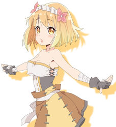 Rule 34 | 1girl, blonde hair, check commentary, commentary, commentary request, cp9a, endro!, fai fai, fingerless gloves, gloves, hairband, shadow, short hair, shorts, solo, strapless, white background, yellow eyes