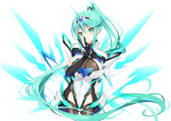 Rule 34 | 1girl, absurdly long hair, absurdres, blush, breasts, cleavage, cowboy shot, daive, earrings, gloves, gluteal fold, green eyes, green hair, highres, jewelry, large breasts, long hair, looking at viewer, pneuma (xenoblade), ponytail, simple background, smile, solo, spoilers, swept bangs, tiara, v, very long hair, white background, xenoblade chronicles (series), xenoblade chronicles 2