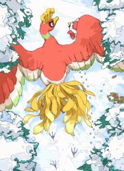 Rule 34 | animal focus, aomon (yuuji7604), beak, bird, bird tail, commentary request, creatures (company), delibird, feathered wings, feathers, from above, game freak, gen 2 pokemon, gen 8 pokemon, highres, ho-oh, legendary pokemon, nintendo, no humans, pokemon, pokemon (creature), red eyes, red feathers, snom, snow, tail, tree, wings
