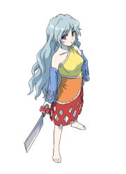 Rule 34 | 1girl, bare shoulders, barefoot, blue sleeves, breasts, closed mouth, dress, full body, grey hair, holding, holding knife, itani illust, knife, long hair, looking at viewer, multicolored clothes, multicolored dress, orange dress, red eyes, sakata nemuno, simple background, single strap, solo, toes, touhou, wavy hair, white background, yellow dress