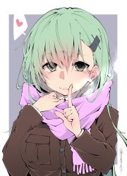 Rule 34 | 1girl, aqua hair, breast pocket, breasts, brown jacket, fang, finger to mouth, green eyes, hair between eyes, hair ornament, hairclip, heart, highres, jacket, kantai collection, large breasts, lips, long hair, pink scarf, pocket, sakakiba misogi, scarf, signature, simple background, skin fang, smile, solo, spoken heart, suzuya (kancolle), two-tone background, upper body