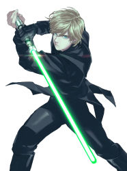 Rule 34 | 0109 (artist), 1boy, animification, bishounen, black cloak, blonde hair, blue eyes, cloak, closed mouth, commentary request, energy sword, fantasy, fighting stance, gloves, glowing, glowing sword, glowing weapon, green lightsaber, holding, holding sword, holding weapon, jedi, lightsaber, looking at viewer, luke skywalker, male focus, science fiction, serious, short hair, simple background, star wars, star wars: return of the jedi, sword, weapon, white background