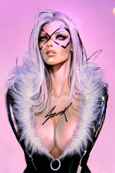 Rule 34 | 1girl, black bodysuit, black cat (marvel), bodysuit, breasts, cleavage, collarbone, commentary, domino mask, english commentary, fur trim, grey eyes, grey hair, highres, large breasts, long hair, looking at viewer, marvel, mask, pink background, signature, simple background, solo, sozomaika, spider-man (series), upper body