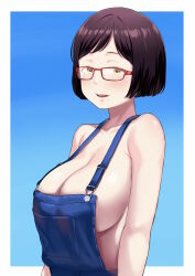 Rule 34 | 1girl, atgsanz (wttoo0000), blue overalls, border, breasts, brown eyes, brown hair, glasses, highres, jimiko, large breasts, looking at viewer, mole, mole under mouth, naked overalls, no bra, open mouth, original, overalls, short hair, sideboob, solo, white border