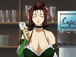 Rule 34 | 00s, 1girl, angel blade, animated, animated gif, bare shoulders, blowing kiss, bouncing breasts, breast focus, breasts, cleavage, dress, female focus, fingerless gloves, gloves, green dress, hair ribbon, huge breasts, kiss, kyoka (angel blade), lips, lipstick, looking at viewer, makeup, no bra, one eye closed, ponytail, ribbon, screencap, shiny skin, smile, solo, talking, upper body, wink