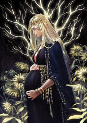 Rule 34 | 1girl, belt, black dress, black shawl, blonde hair, bracelet, braid, breasts, crown, dress, elden ring, embroidery, erdtree (elden ring), flower, from side, glowing flower, glowing tree, gold belt, gold bracelet, gold diadem, gold necklace, hand on own stomach, highres, holding belly, jewelry, long braid, long hair, looking down, metal belt, motherly, necklace, plunging neckline, pregnant, queen, queen marika the eternal, shawl, single braid, small breasts, sunflower, tree, tumitumico, very long hair, yellow eyes