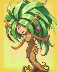 Rule 34 | absurdres, artist logo, artist name, big hair, blue eyes, david revoy, dress, dryad (seiken densetsu), eggplant, eye reflection, food, food on head, fruit, fruit on head, green hair, highres, horns, looking at viewer, monster girl, no feet, object on head, outstretched arms, plant girl, reflection, seiken densetsu, simple background, smile, spread arms, strapless, strapless dress, tentacle limbs, tree girl, yellow background