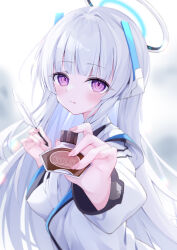 Rule 34 | 1girl, :q, absurdres, blue archive, bottle, chocolate, closed mouth, feathers, fingernails, gou 213, grey hair, halo, highres, holding, holding bottle, holding feather, jacket, long fingernails, long hair, long sleeves, looking at viewer, noa (blue archive), purple eyes, shirt, solo, tongue, tongue out, upper body, white jacket, white shirt