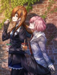 Rule 34 | 2girls, absurdres, black jacket, blue eyes, brown hair, bubble tea, commentary request, drinking straw, eyepatch, fate/grand order, fate (series), from side, glasses, hair over one eye, highres, holding, huge filesize, jacket, long hair, long sleeves, looking at viewer, mash kyrielight, multiple girls, necktie, ophelia phamrsolone, outdoors, pink hair, red neckwear, shirt, short hair, signature, smile, w-moz9-w, wall