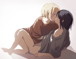 Rule 34 | 2girls, arm support, bandaid, bandaid on face, black hair, blush, bottomless, eye contact, hand under clothes, highres, imminent kiss, kneeling, looking at another, lying, multiple girls, on back, original, resolution mismatch, revision, roisa, shadow, short hair, sketch, source smaller, sunlight, white hair, yuri