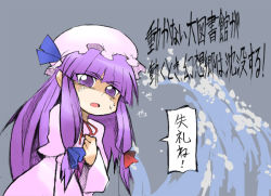 Rule 34 | 1girl, ario, female focus, hat, long hair, patchouli knowledge, purple eyes, purple hair, ribbon, solo, standing, touhou, translation request, water