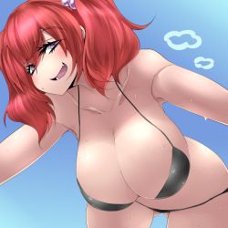 Rule 34 | 1girl, bad id, bad pixiv id, bare shoulders, bent over, bikini, black bikini, blush, breasts, cleavage, collarbone, eyebrows, eyelashes, fang, hair bobbles, hair ornament, hanging breasts, huge breasts, kara age, long hair, looking at viewer, md5 mismatch, naughty face, onozuka komachi, open mouth, purple eyes, raised eyebrow, red hair, solo, sweat, swimsuit, thighs, tongue, touhou, twintails, wide hips