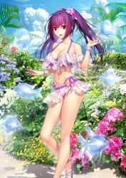 Rule 34 | bare legs, bikini, bracelet, breasts, cloud, fate/grand order, fate (series), fish, flower, hair ornament, jewelry, koyama hirokazu, large breasts, long hair, nail polish, navel, official art, open mouth, purple hair, red eyes, scathach (fate), scathach skadi (fate), scathach skadi (swimsuit ruler) (fate), sky, standing, swimsuit, thighs, twintails