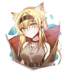 Rule 34 | 1girl, animal ears, arknights, bare shoulders, black choker, black hairband, blonde hair, blush, breasts, choker, collarbone, green eyes, grey tank top, guanzhaishiroubushitu, hair ornament, hairband, hairclip, head tilt, horn (arknights), jewelry, large breasts, long hair, necklace, solo, tank top, upper body, white background, wolf ears