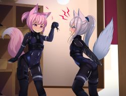 Rule 34 | 2girls, :3, absurdres, animal ears, best girls, black bodysuit, blue eyes, blush, bodysuit, bondage outfit, breasts, fang, fangs, fox ears, fox tail, full-face blush, grey hair, highres, hotel01, indoors, latex, latex bodysuit, long hair, looking at another, monoglove, multiple girls, open mouth, original, pink eyes, pink hair, ponytail, restrained, short hair, skin tight, small breasts, soba (hotel01), sorbet (hotel01), tail, yuri