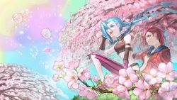Rule 34 | 2girls, ahoge, arcane: league of legends, arcane jinx, arcane vi, arm strap, arm support, arm tattoo, asymmetrical hair, asymmetrical legwear, bandaged arm, bandages, blue eyes, blue hair, blurry, blurry background, braid, branch, breasts, cherry blossoms, closed mouth, cloud, commentary request, crop top, depth of field, detached sleeves, falling petals, fang, flower, from below, from side, grass, halterneck, hand up, highres, hood, hoodie, jacket, jinx (league of legends), knee up, league of legends, light blue hair, looking to the side, multicolored clothes, multicolored hoodie, multiple girls, neck tattoo, on ground, open clothes, open jacket, open mouth, pants, perspective, petals, pink flower, poro (league of legends), purple hoodie, rayn87250715, red hair, red jacket, siblings, single sidelock, sitting, sky, small breasts, smile, tattoo, teeth, tongue, tree, twin braids, twintails, uneven legwear, vi (league of legends), white hoodie, wind