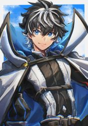 Rule 34 | 1boy, armor, black gloves, black hair, blue cloak, blue eyes, chanmura, charlemagne (fate), cloak, closed mouth, commentary request, dated, fate/extella, fate/extella link, fate/extra, fate/grand order, fate (series), gloves, high collar, highres, long sleeves, looking at viewer, male focus, multicolored hair, short hair, simple background, smile, solo, two-tone hair, upper body, white cloak, white hair