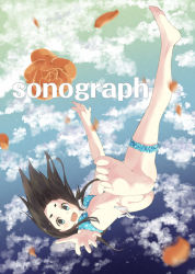 Rule 34 | 1girl, :d, aqua bikini, barefoot, bikini, black hair, blue eyes, blue sky, blush, breasts, circle name, cloud, cloudy sky, falling, feet, flower, foreshortening, full body, highres, hiwatari rin, legs, looking at viewer, medium breasts, open mouth, orange flower, original, outdoors, outstretched arm, outstretched hand, panties, petals, polka dot, polka dot bikini, side-tie bikini bottom, side-tie panties, sky, smile, soles, solo, swimsuit, thick eyebrows, thigh strap, toes, underwear, watermark