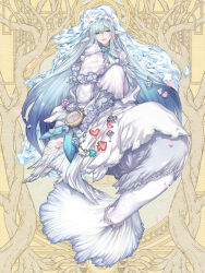 Rule 34 | 1boy, androgynous, aqua ribbon, blue eyes, blue hair, club (shape), coral, dairoku ryouhei, diamond (shape), earrings, feather hair, feather trim, feathered wings, flower wreath, full body, gem, hair between eyes, head tilt, head wings, heart, horns, invisible chair, jack cocot, jewelry, layered sleeves, light blue hair, lilu luli, liquid clothes, long hair, long sleeves, looking at viewer, male focus, merman, monster boy, neck ribbon, parted lips, pearl (gemstone), pocket watch, ribbon, robe, sash, short over long sleeves, short sleeves, single earring, sitting, sleeves past fingers, sleeves past wrists, smile, solo, spade (shape), tail, tail ornament, vial, watch, white robe, white sash, white wings, wings